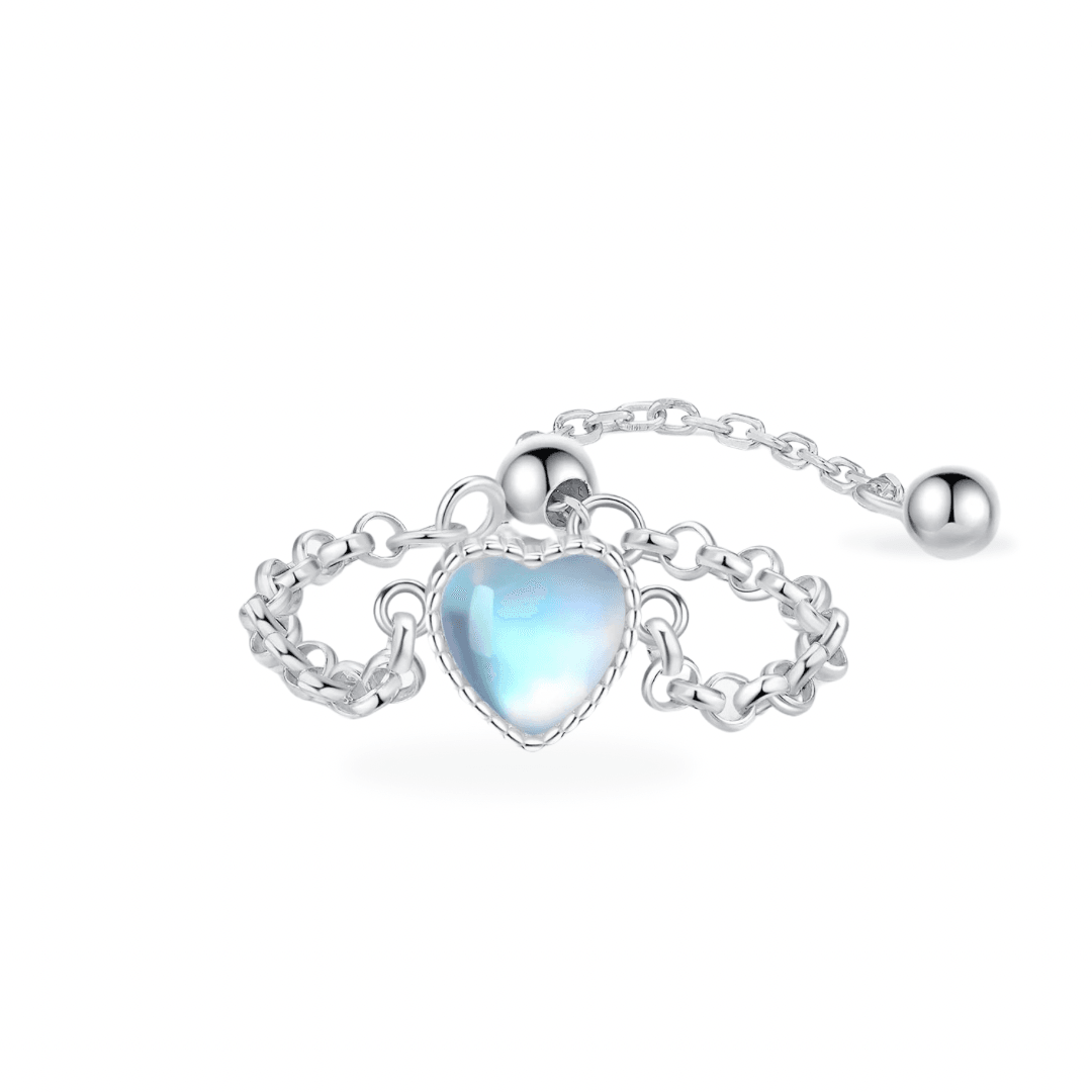 Celestial Heart: Adjustable Chain Ring with Moonstone in 925 Sterling Silver - Elegant Jewelry for Women's Gifts and Parties